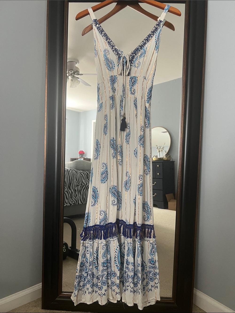 Me 2 Magic Women’s Boho Maxi Dress with Blue Gold Paisley Print Size S